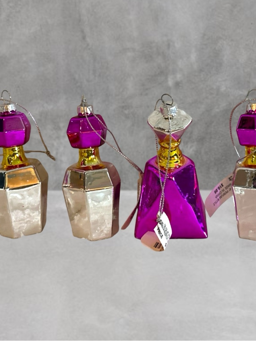 SET OF 4 MACY'S BLOWN GLASS 3-3/4" PERFUME BOTTLE CHRISTMAS ORNAMENT~NWT
